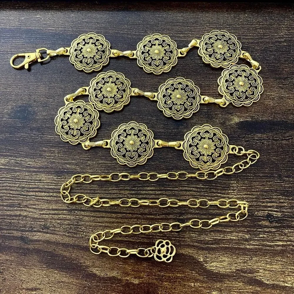 Gold Y2K Floral Mandala Boho Chain Belt, Fits 22.5-41.5 Inches, X7GA1281